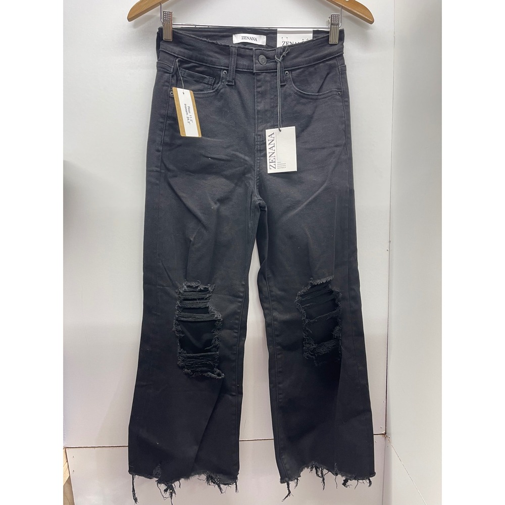Zenana Black High Rise Distressed Wide Leg Jeans Raw Hem Size S